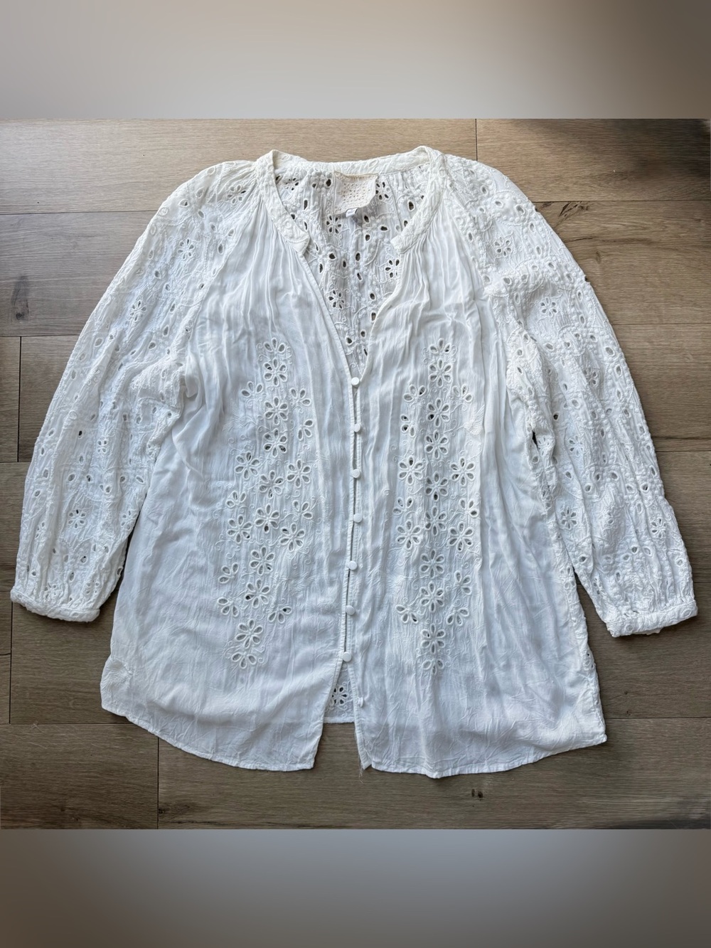 JOHNNY WAS Chise Embroidered Eyelet Button Down Blouse White Cottagecore Boho M